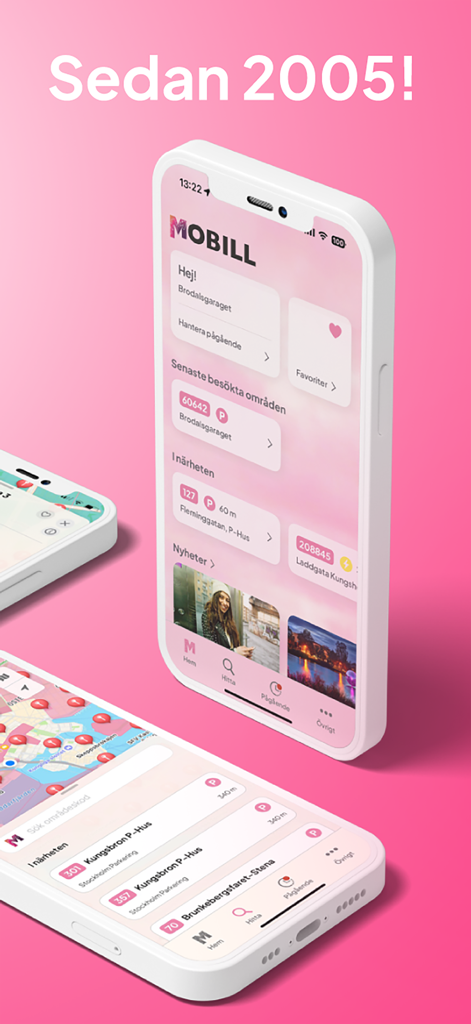 Mobill - Parking & Charging - Mobill app interface on multiple phones showing parking and EV charging locations since 2005