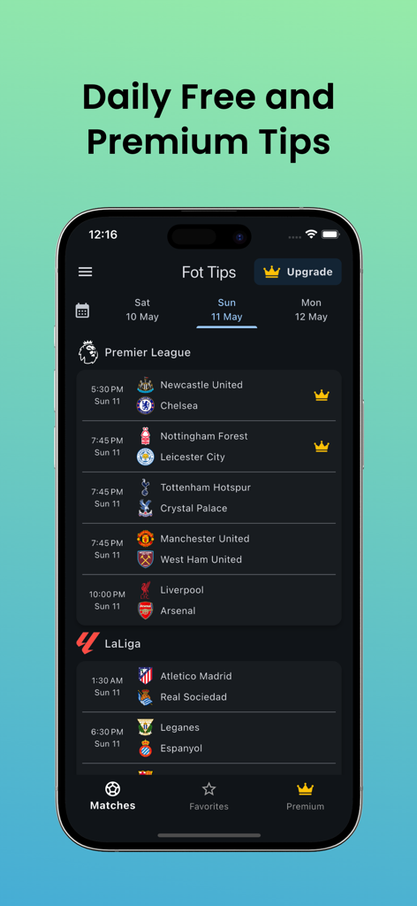 Betting Tips & Odds - FotTips - Mobile app interface of FotTips showing daily free and premium football betting tips for Premier League and La Liga matches.