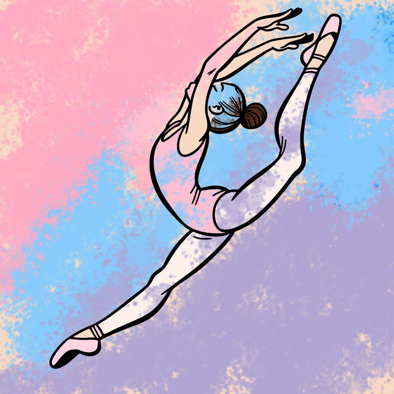 gymnast doing a leap in a leotard with a bent back leg