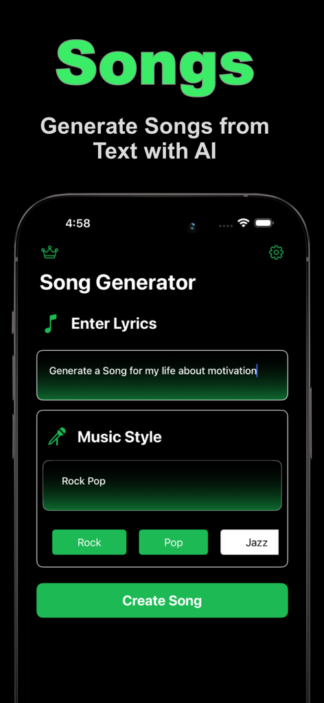 Smartphone-Bildschirm, der die Benutzeroberfläche der KI-Song-Ersteller-App mit Text-zu-Song-Generierungsoptionen und Musikauswahl zeigt