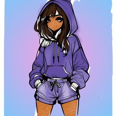 realistic girl in shorts and hoodie