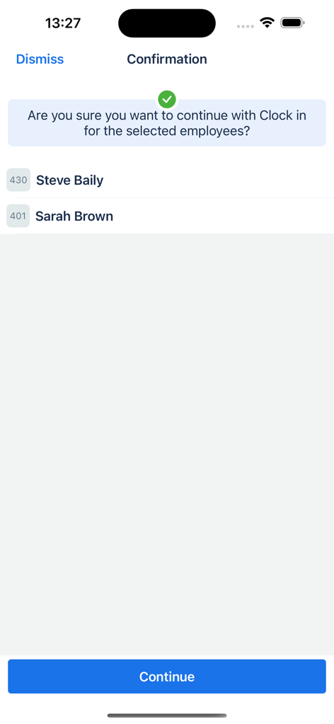 TimeClock Plus Manager - A confirmation screen in the TimeClock Plus Manager app for performing a bulk clock-in for multiple employees.