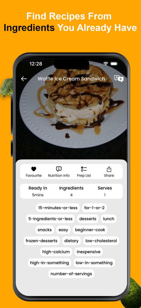 조리 시간과 재료 수를 보여주는 레시피 북 앱에서 빠른 와플 아이스크림 샌드위치 레시피를 보여줍니다.