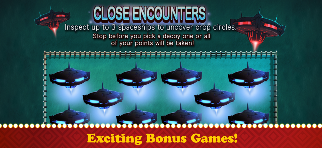 Schermata di un minigioco bonus a tema alieno con UFO e cerchi nel grano nell'app mobile Slots.