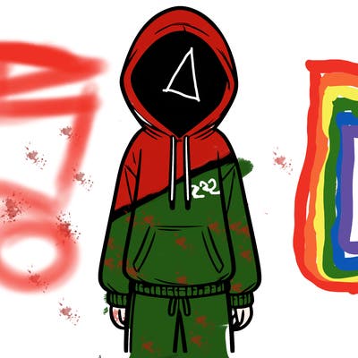 faceless girl in a tracksuit with a hood on and no hair