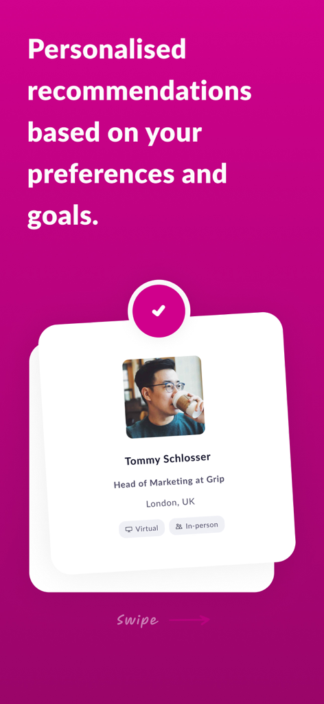 Captura de tela de recomendações de networking personalizadas no aplicativo DTECH Events mostrando um cartão de perfil de um participante.