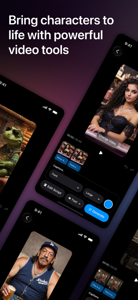 Interfaccia dell'app Cantina che mostra strumenti di editing video per personaggi generati dall'IA, incluse opzioni per script e didascalie.