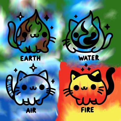 4 cats that represent the different elements, earth, water, air, and fire
