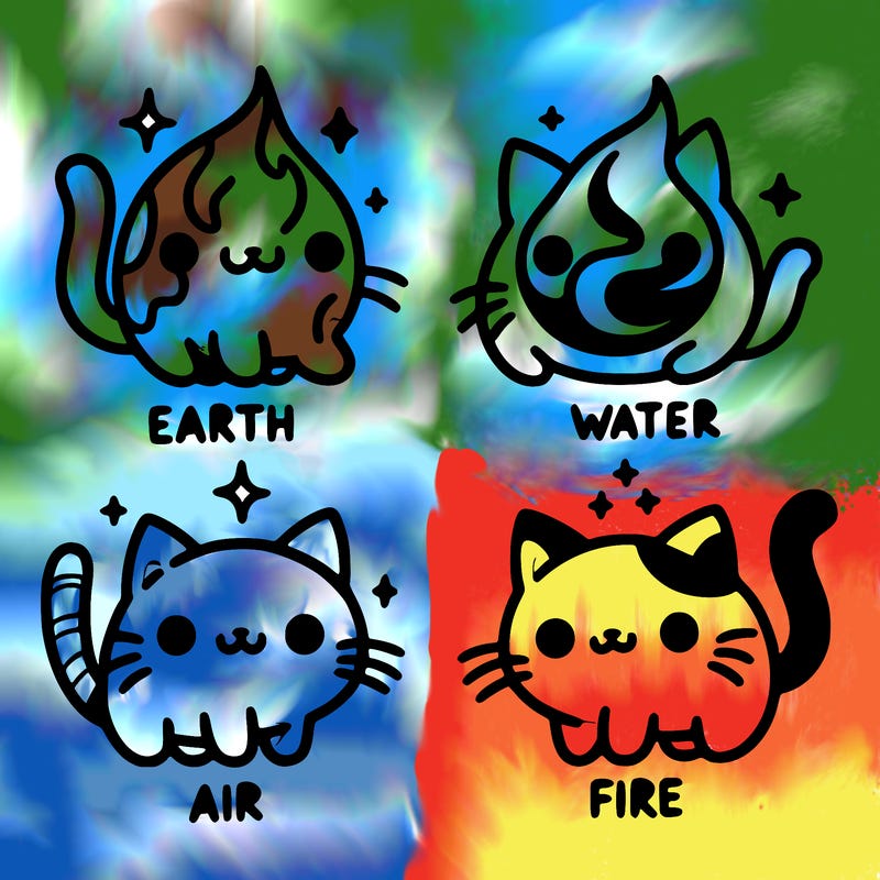 4 cats that represent the different elements, earth, water, air, and fire