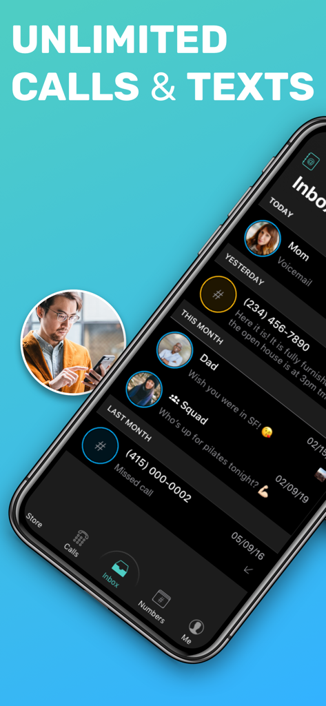 Free Tone app interface showing an inbox with messages and missed calls under the headline Unlimited Calls and Texts.