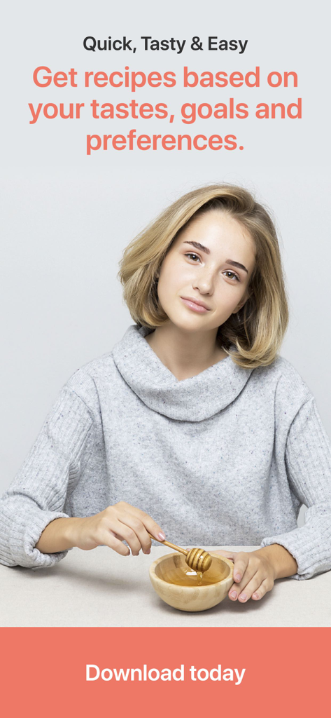蜂蜜ディッパーを持つ女性と、Cookbook Masterアプリでパーソナライズされたレシピを宣伝するテキスト