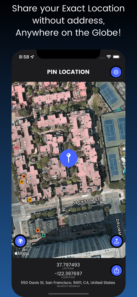 myLocation - GPS Coordinates - A satellite map view in the myLocation app showing a pin with exact latitude and longitude coordinates.