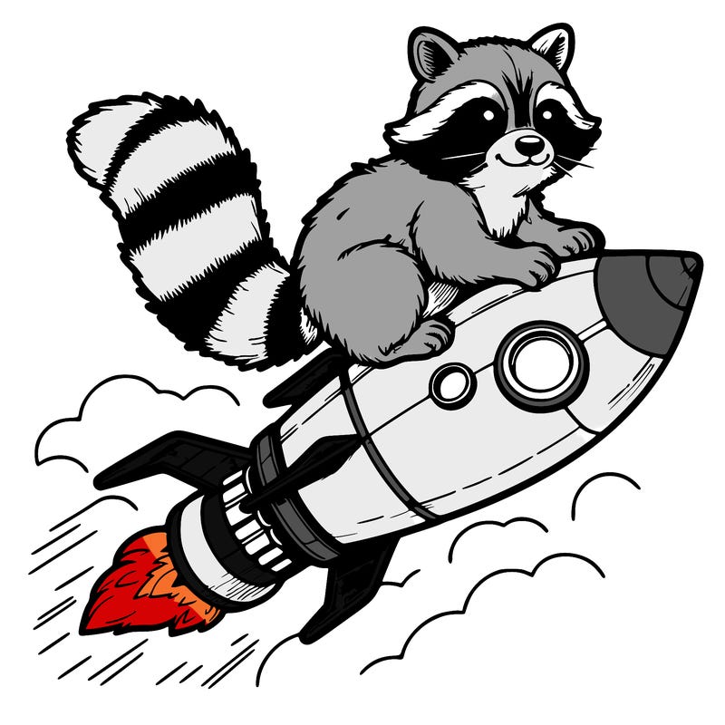 realistic raccoon flying on top rocket ship