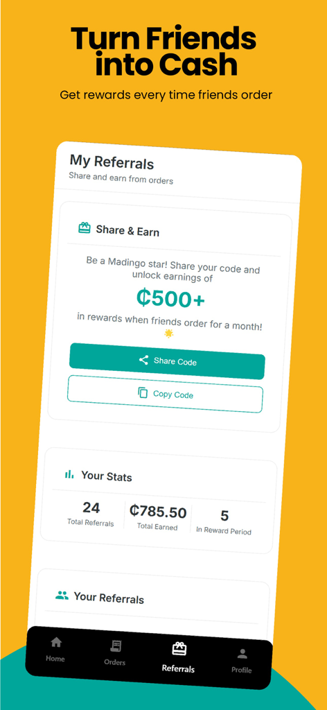 Madingo: Food Delivery & More - Pantalla de referidos en la aplicación Madingo que muestra estadísticas de ganancias y opciones para compartir códigos de invitación