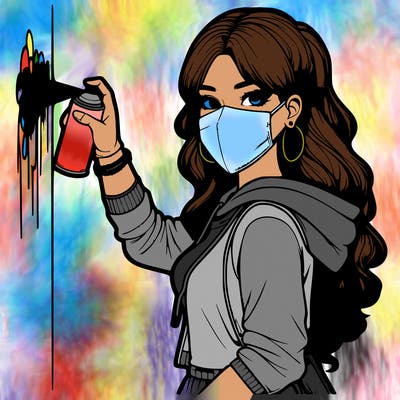 realistic girl with mask spray painting a wall