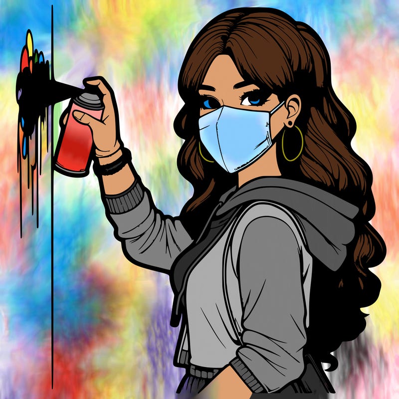 realistic girl with mask spray painting a wall