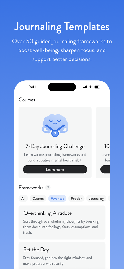 Mindsera: Daily AI Journaling - マインドセラアプリのインターフェース、さまざまなジャーナリングテンプレートと認知フィットネスコースを表示