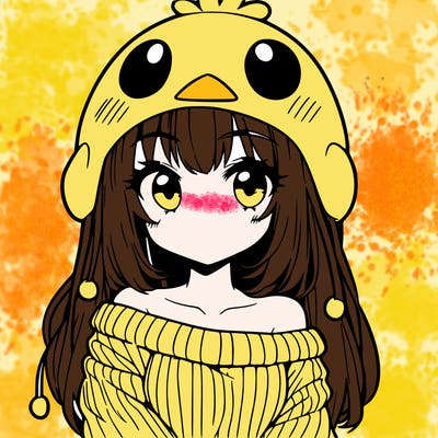 anime girl with chick shaped hat with sweater with bare shoulders with bangs covering them one eye with low tail