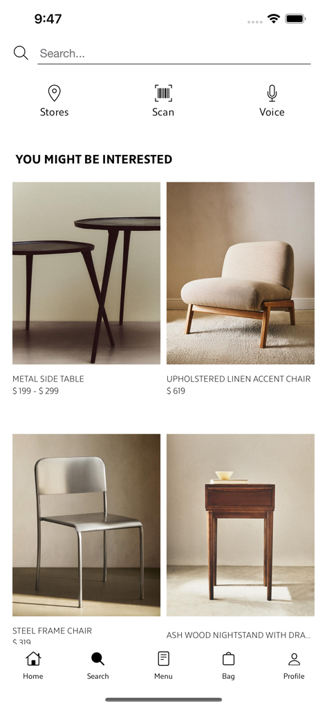 Zara Home - Interfaz de la app móvil Zara Home mostrando opciones de búsqueda y recomendaciones personalizadas de muebles como sillas y mesas auxiliares.