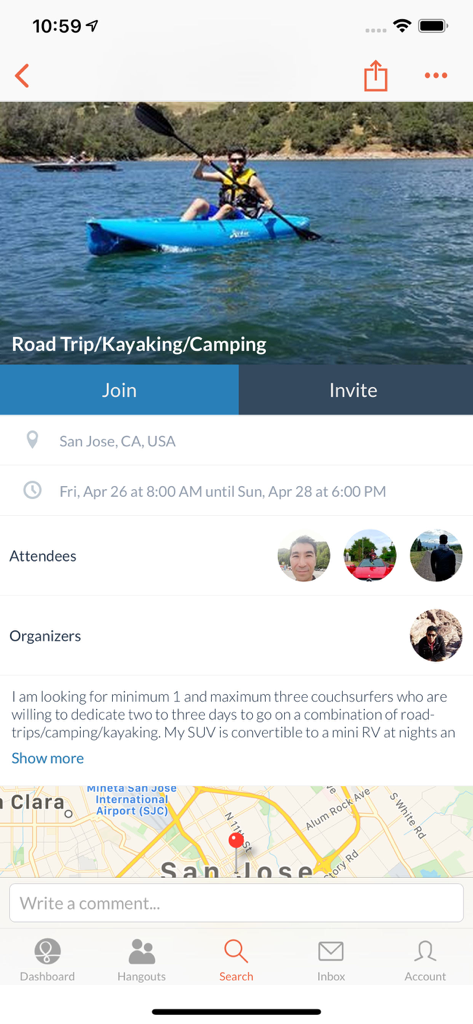Couchsurfing app screen showing a kayaking and camping event in San Jose