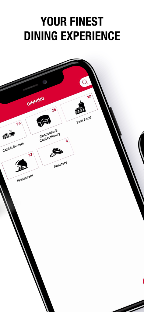 The Avenues - Dining category interface in The Avenues app featuring restaurant and cafe options
