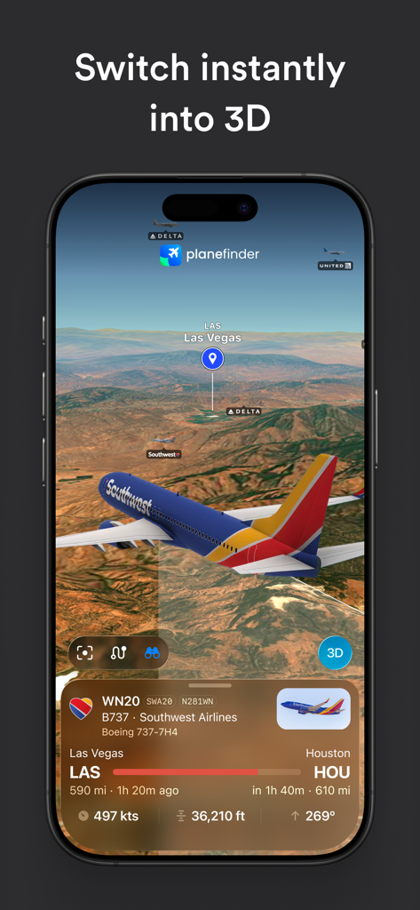 Uma visão 3D de uma aeronave da Southwest Airlines voando sobre terreno montanhoso perto de Las Vegas no aplicativo Plane Finder.