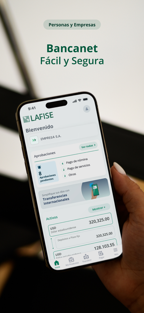 A smartphone screen displaying the LAFISE Bancanet app interface with business approvals and account balances