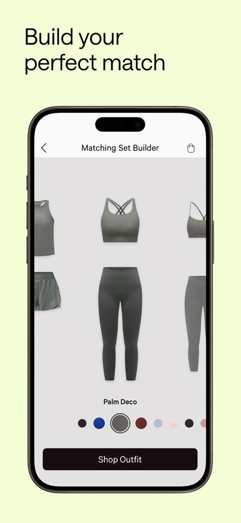 lululemon - Lululemon app Matching Set Builder screen displaying a coordinated sports bra and leggings outfit