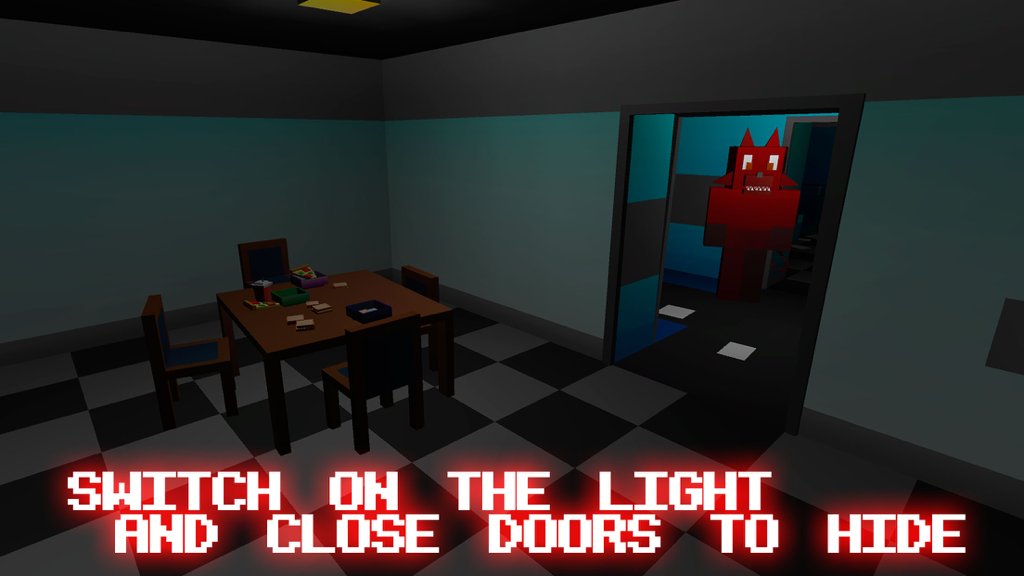 Nights at Scary Pizzeria 3D - A red blocky robot animal stands in a doorway of a dark pizzeria room with a checkered floor