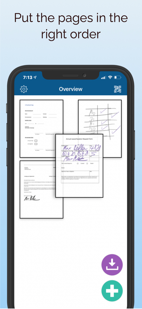 ScanBox – PDF Scanner & OCR - ScanBox App-Bildschirm, der die Drag-and-Drop-Funktion zum Organisieren und Neuordnen gescannter PDF-Seiten zeigt