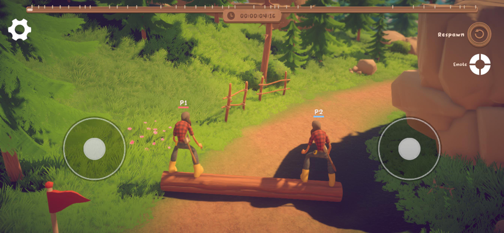 Log Riders - 協力モバイルゲームで丸太の上でバランスを取る2人の木こり。