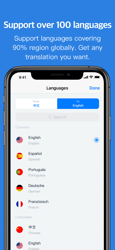 Hi Translate - Interface do aplicativo Hi Translate no iPhone mostrando uma lista de mais de 100 idiomas suportados com bandeiras nacionais.