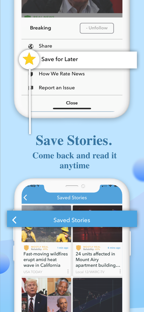 Oigetit app interface displaying the Save Stories feature for later reading with news trust ratings.