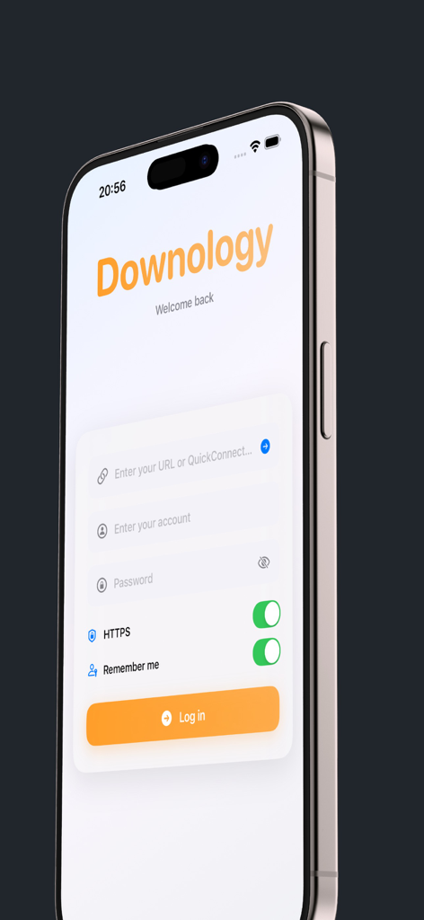 Downology - Pantalla de inicio de sesión de la aplicación móvil Downology en un iPhone mostrando campos para la conexión de Synology NAS