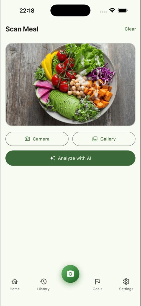CalorAI – AI Calorie Tracker - CalorAI mobile app screen showing a salad bowl being prepared for AI nutrition analysis