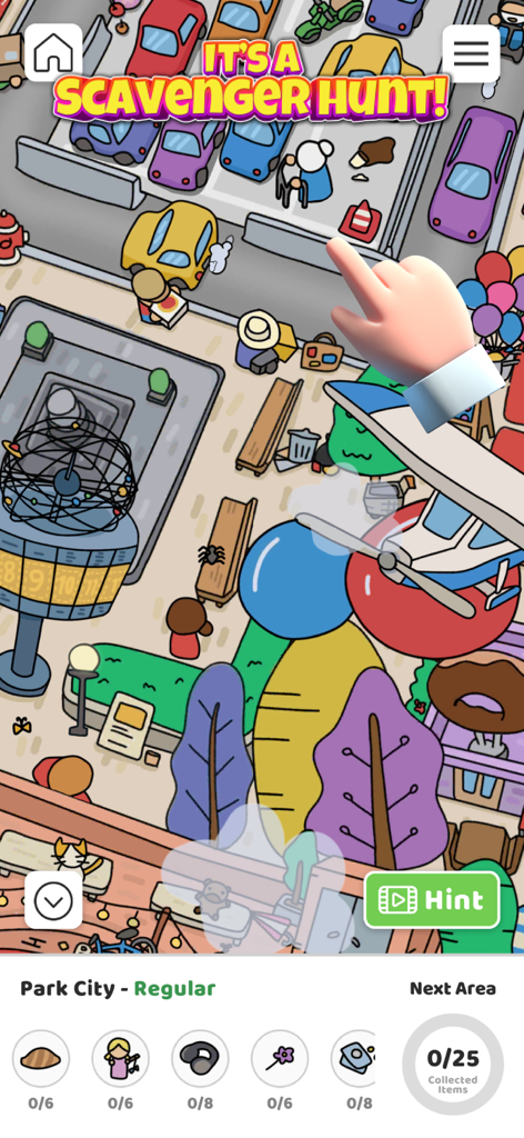 찾아야 할 다양한 숨겨진 아이템이 있는 다채로운 등각 투영 도시 지도를 보여주는 Scavenger Hunt 숨은 그림 찾기 게임 플레이 스크린샷