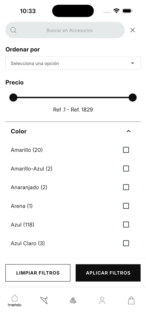 Traetelo Fashion Shopping - Schermata di ricerca e filtri dell'app mobile Traetelo Fashion Shopping con opzioni di prezzo e colore.