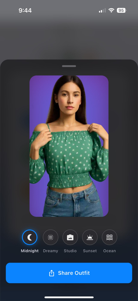 A woman in a green floral top and jeans with options to choose different background filters and a share outfit button.