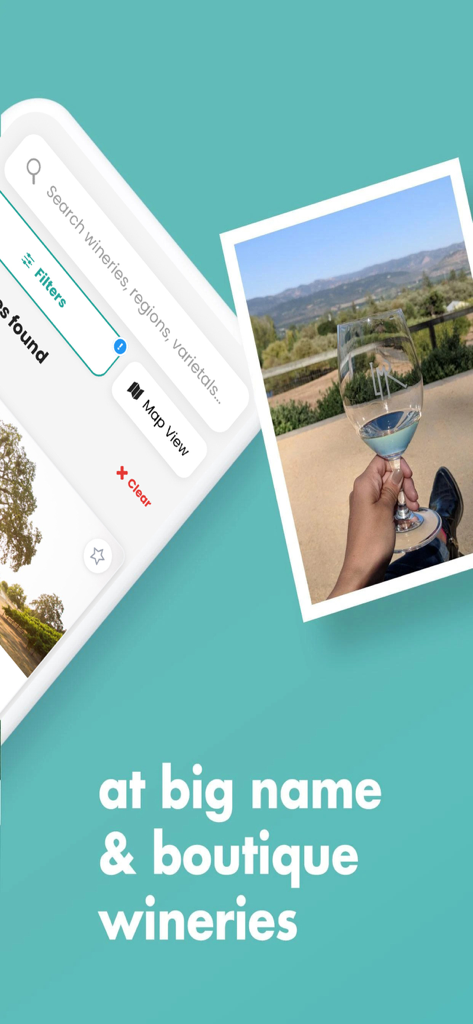 Priority Wine Pass - Mobile app interface showing search filters and a photo of a wine tasting at a boutique winery
