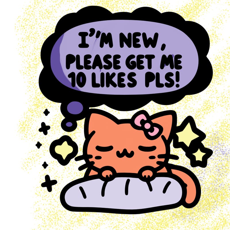 kitty taking a nap dream talking and saying "i'm new, please get me at least 10 likes pls!!"
