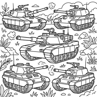 Get ready for an exciting coloring mission with these awesome military tanks! Designed for young artists, this page features various powerful armored vehicles ready for a splash of color.