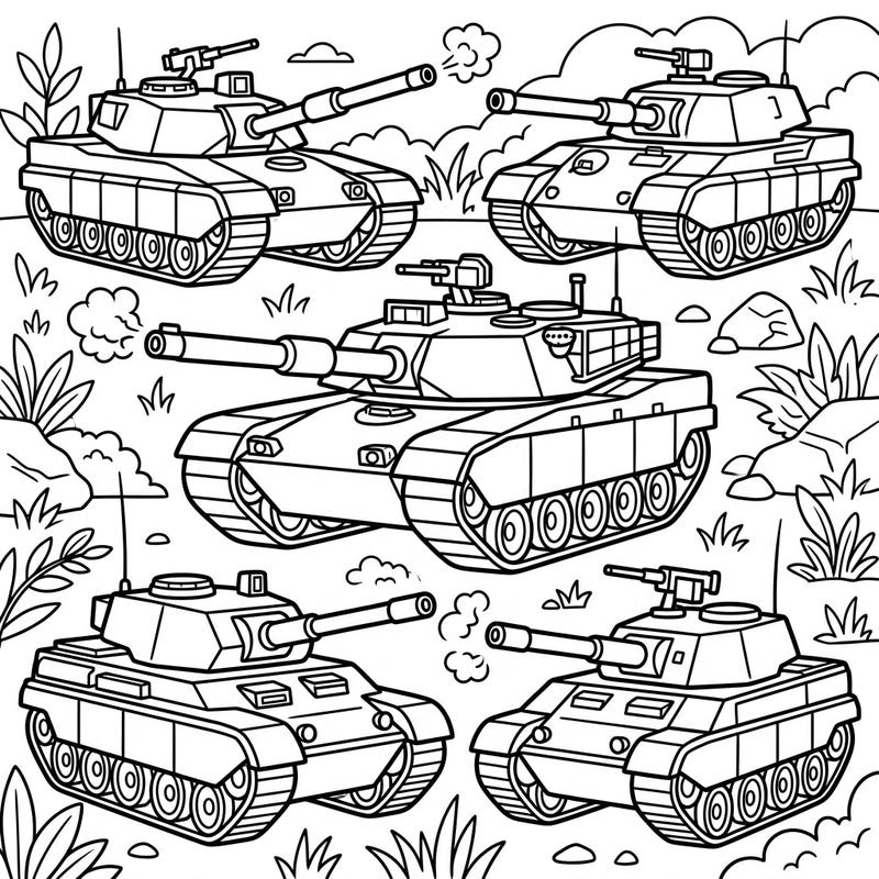 Get ready for an exciting coloring mission with these awesome military tanks! Designed for young artists, this page features various powerful armored vehicles ready for a splash of color.