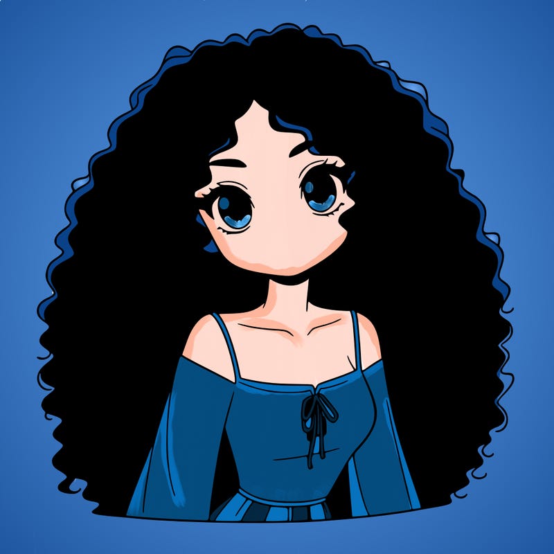 a black anime girl with long afro hair