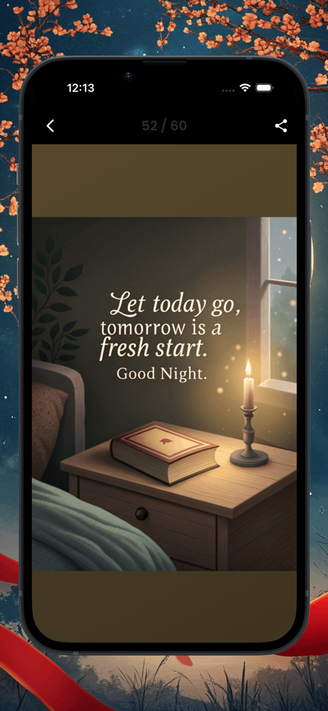 Good Morning greetings - A peaceful good night message with an illustration of a book and a lit candle on a bedside table.
