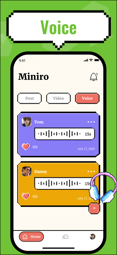 Miniro：Adult Share | Live Chat - Miniro app interface showing voice messages with audio waveforms from different users in a social feed.
