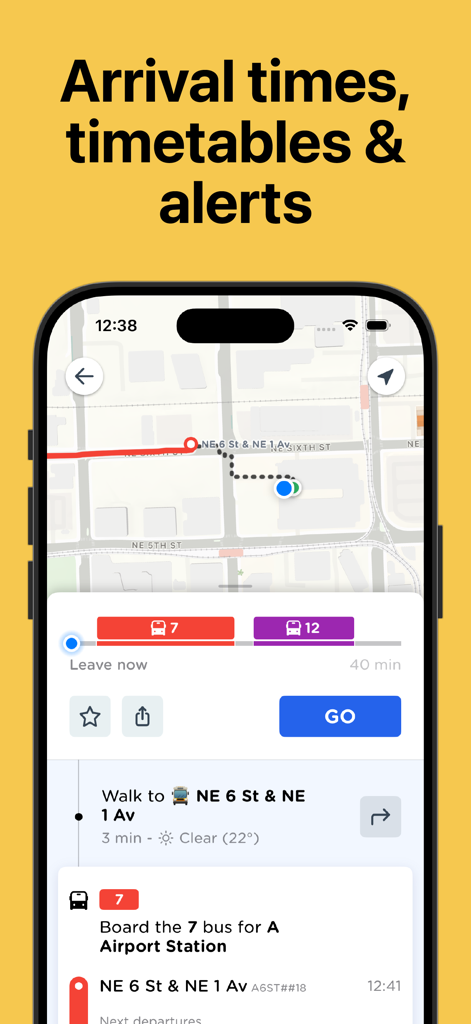 Manchester Bus & Tram - Capture d'écran de l'application Manchester Bus and Tram montrant une carte avec un itinéraire et les heures d'arrivée d'un bus vers la gare de l'aéroport