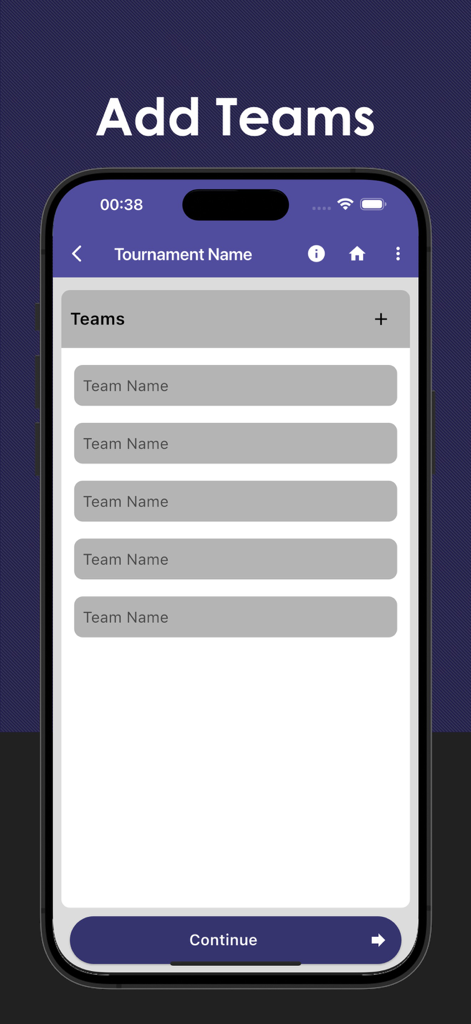 Interfaz para introducir nombres de equipos en la aplicación Gestor de Competiciones y Torneos.