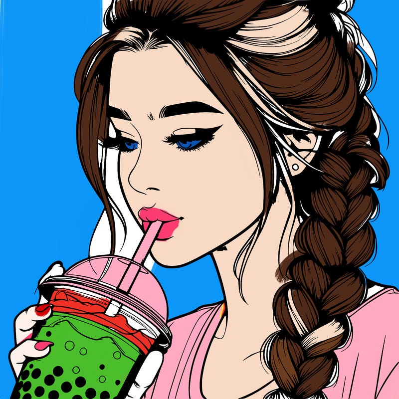 realistic girl drinking boba tea with braided hair
