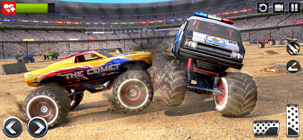 Monster Truck Games: 4x4 Stunt - Two monster trucks crashing during a demolition derby stunt match in a stadium