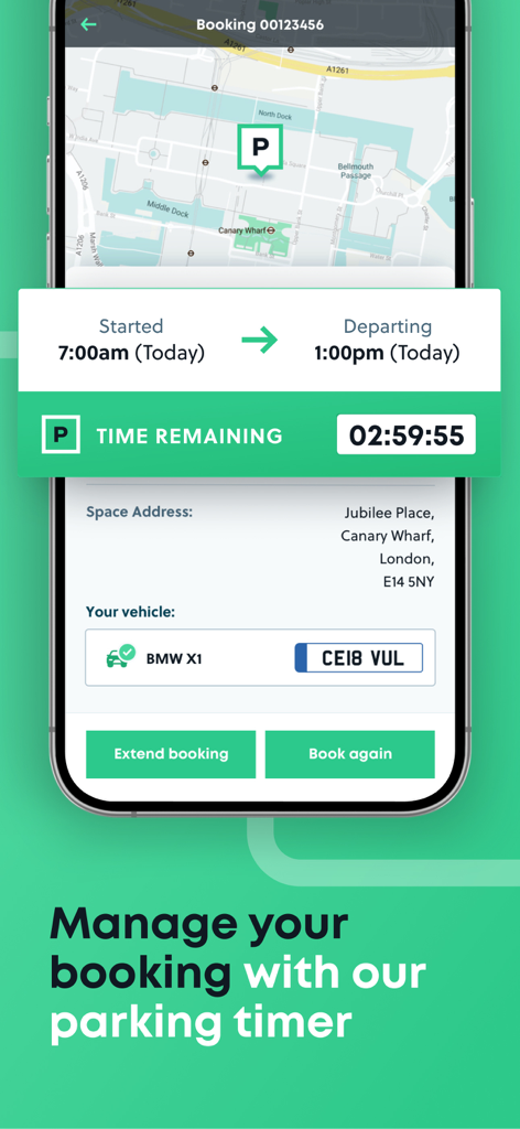 YourParkingSpace app screen showing a live parking countdown timer with options to extend booking or book again